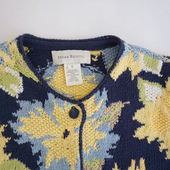 Vintage Susan Bristol Navy Yellow Knit Floral Button Up Cardigan Sweater S - Picture 10 of 10